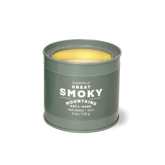 The Great Smoky Mountains - Parks 6 oz Tin Candle features a green tin, yellow wax, and a maplewood & moss scent—an ideal gift for outdoor lovers.