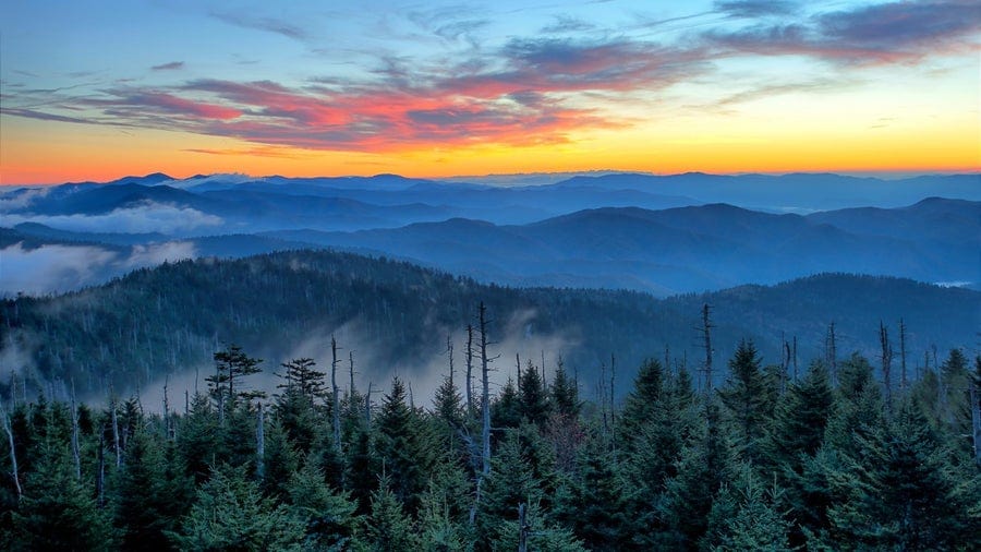 Layers of blue mountains stretch into the distance under a colorful sunset sky with orange, yellow, and pink clouds. Dense evergreen trees fill the foreground, with mist drifting through the valleys.