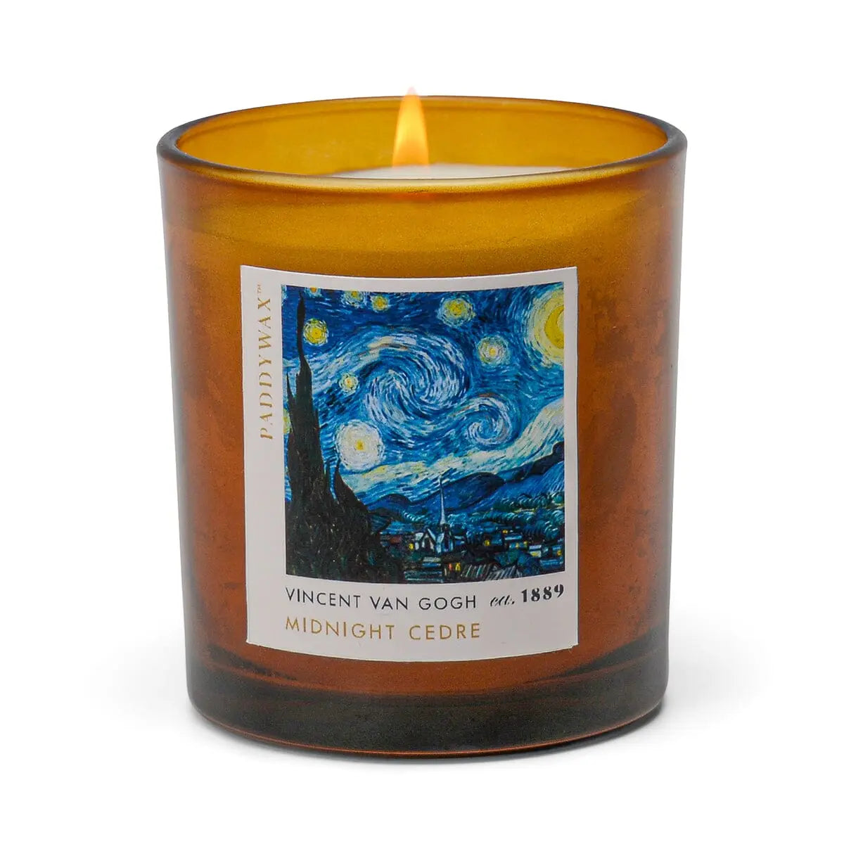 The Vincent Midnight Cedre - Impressionist 6 oz Candle comes in a brown glass holder with a “Starry Night” label and “Vincent Van Gogh est. 1889 Midnight Cedre”—a perfect art-inspired gift for any fan.