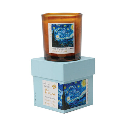 The Vincent Midnight Cedre - Impressionist 6 oz Candle features Van Gogh’s Starry Night on a brown glass jar labeled "Midnight Cedre," atop a light blue box with matching art—an elegant, art-inspired gift for any occasion.