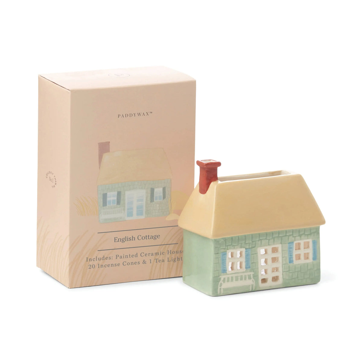 No. 04 The English Cottage - Incense & Tea Light Holder comes in a painted ceramic house design with box packaging, including 20 incense cones and a tea light holder—ideal for adding charming cottage decor.