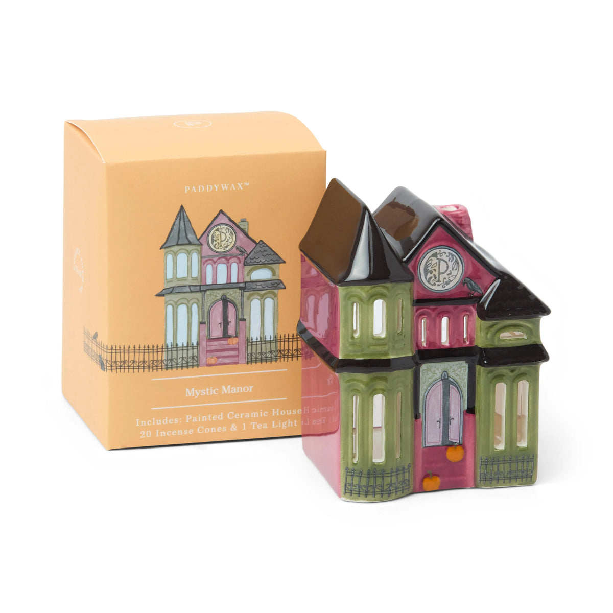 No. 08 The Mystic Manor - Incense & Tea Light Holder is a vibrant ceramic house featuring gothic windows, paired with its orange box adorned with an illustration of the same manor. This enchanting piece serves as both an incense holder (with included incense cones) and a tealight holder, bringing a mystical ambiance to any space.