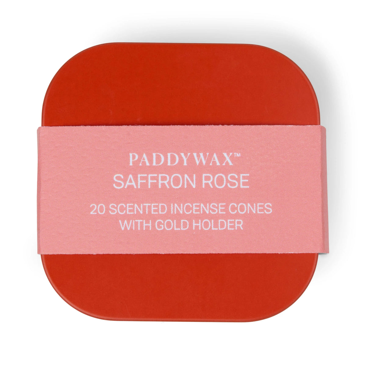 The Saffron Rose - Metal Incense Tin features a red tin with a pink band highlighting 20 scented incense cones and includes a gold holder built into the lid—all viewed from above, making it easy to enjoy this popular fragrance with a convenient, integrated incense holder.