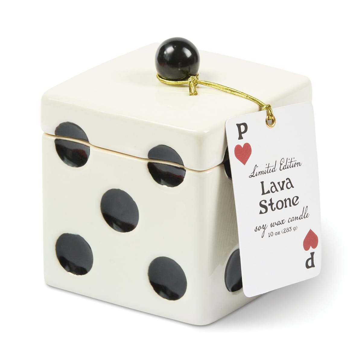 A square, white ceramic Lava Stone - Lucky Dice 10 oz Candle shaped like a die with black dots, featuring a black sphere on the lid and a hanging tag shaped like a playing card.