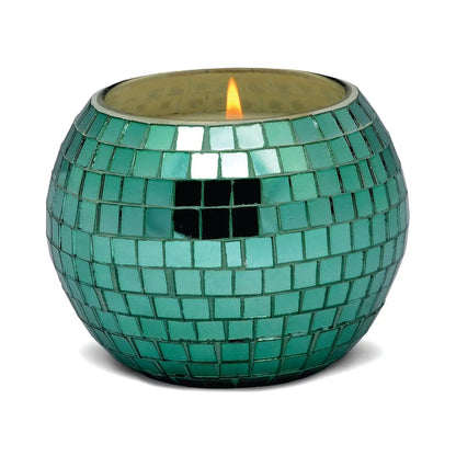 The Tobac & Pine - Magique Disco Ball 10 oz is a round teal mosaic glass candle holder with small square tiles and a reflective surface—ideal as a trendy disco candle for stylish home decor.