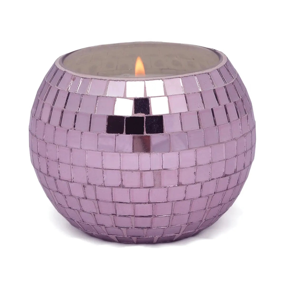 The Lavender Fern - Magique Disco Ball 10 oz candle features a round holder adorned with small, square, purple and silver mosaic tiles—ideal for disco candle lovers and anyone who enjoys sparkling décor.