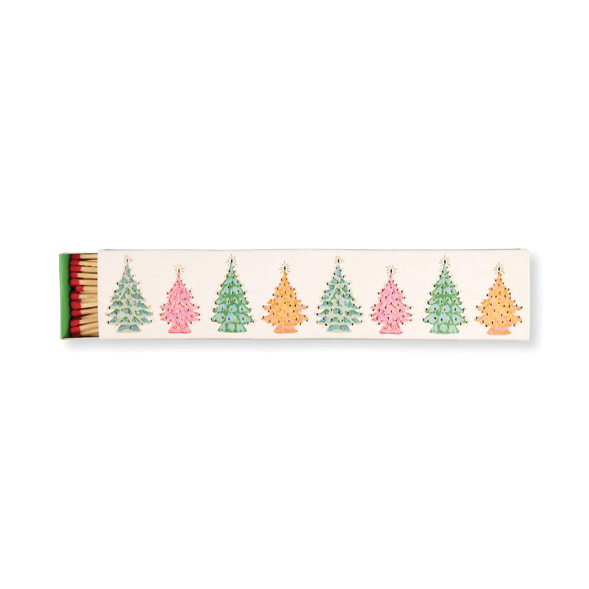 A box of Christmas Trees - Extra Long Boxed Matches featuring illustrated pink, yellow, and green trees on a white cover—perfect for festive stocking stuffers or vintage holiday decor.