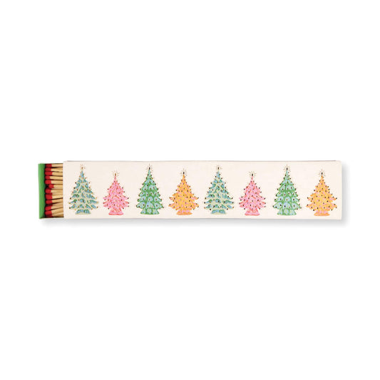 A box of Christmas Trees - Extra Long Boxed Matches featuring illustrated pink, yellow, and green trees on a white cover—perfect for festive stocking stuffers or vintage holiday decor.