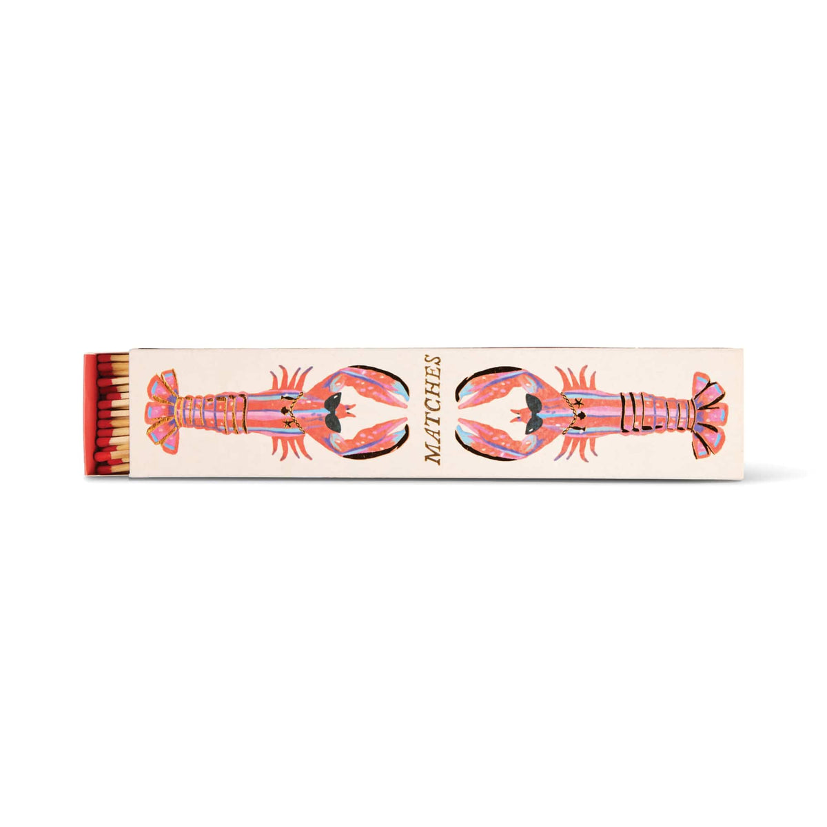 Lobsters - Extra Long Boxed Matches: A rectangular box with two illustrated lobsters facing each other and the word MATCHES between them, containing red-tipped, extra-long safety matches.