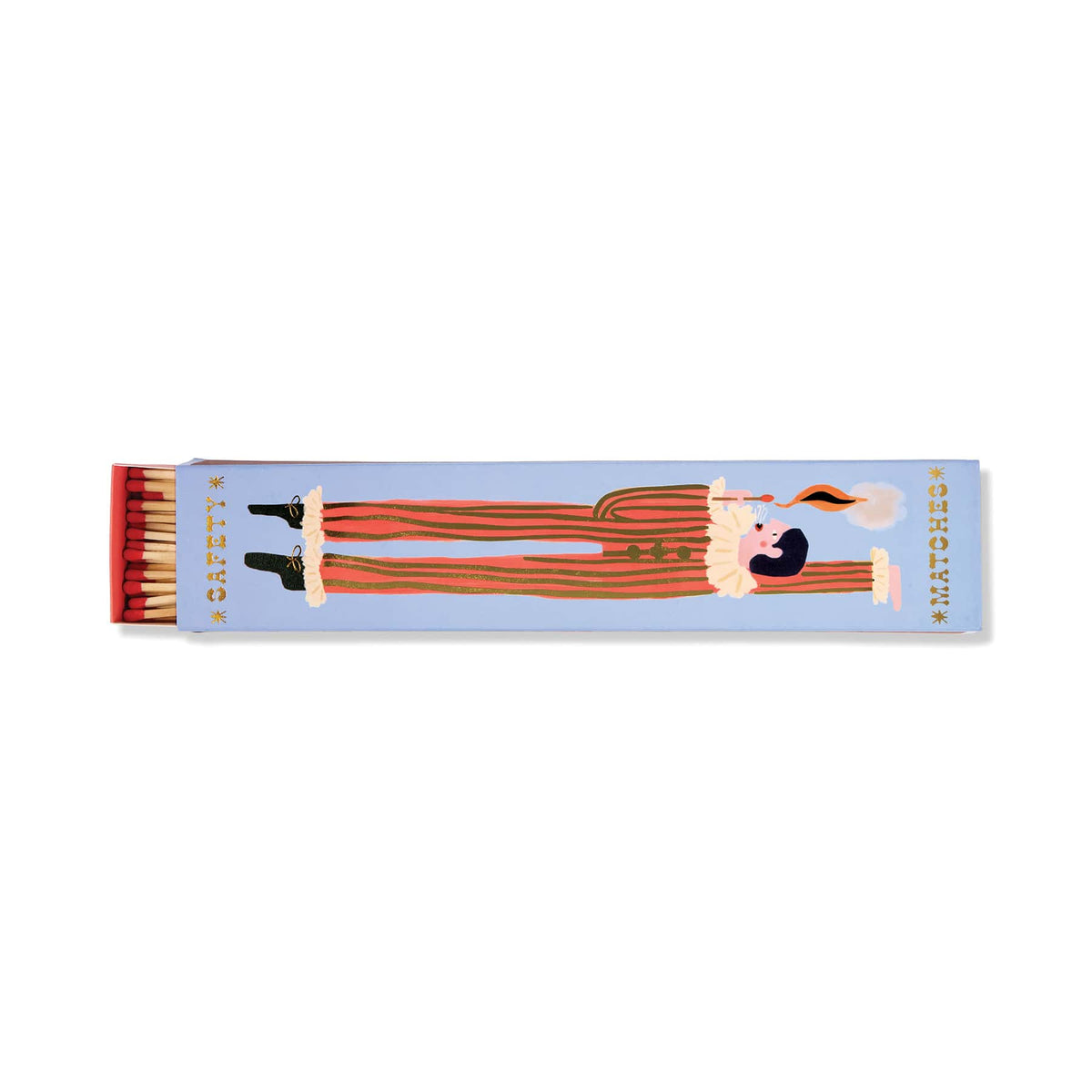 The Jester - Extra Long Boxed Matches feature a light blue cover with a striped figure holding a lit match—extra-long safety matches and gold SAFETY MATCHES lettering add whimsical décor to any space.