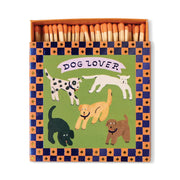 Dog Lover - Square Boxed Matches feature five playful dogs under the words Dog Lover on an illustrated cover, bordered by blue and orange checks—perfect for dog owners and pet lovers.