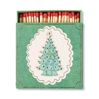 The Christmas Tree - Square Boxed Matches feature a green box with a vintage tree design and red-tipped matches inside—an ideal festive stocking stuffer.