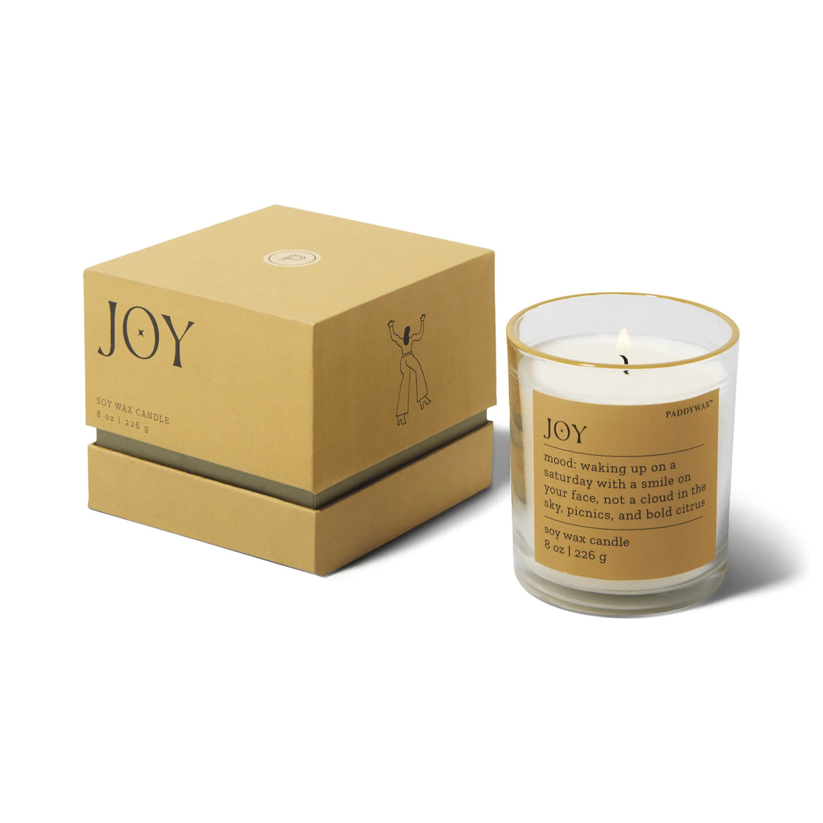 A glass jar candle labeled Misted Lime "Joy" - Mood Collection 8 oz sits beside its tan box, both featuring minimalist black product info.