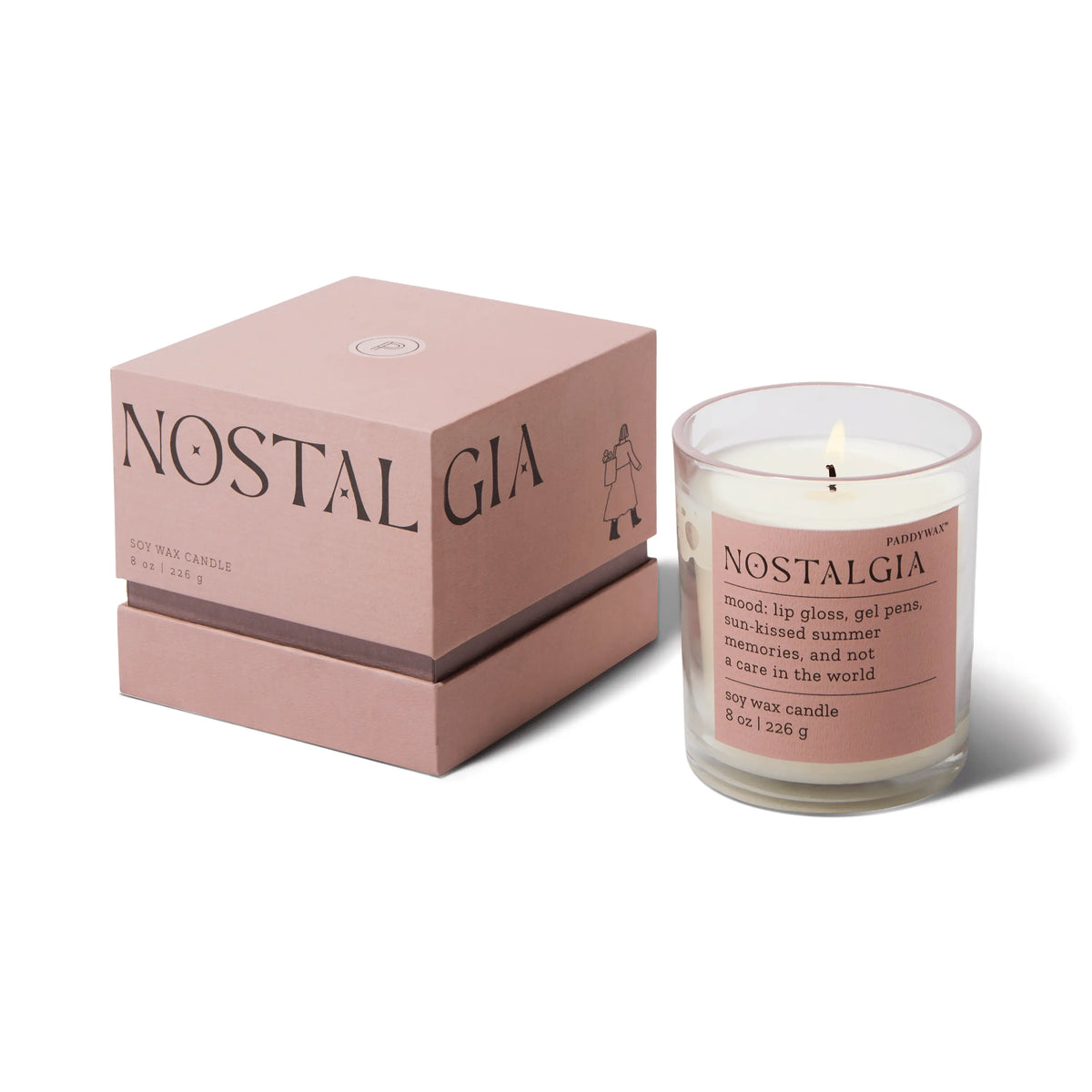 A pink box labeled Pepper + Plum "Nostalgia" - Mood Collection 8 oz sits beside a lit candle in a matching glass jar, both showcasing minimalist typography and design.