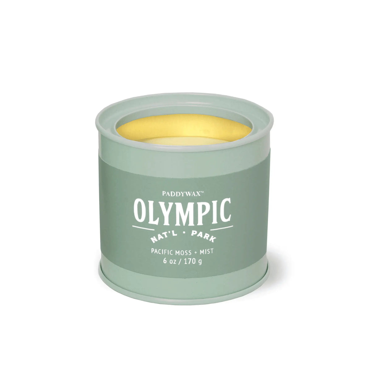 The Olympic - Parks 6 oz Tin Candle features a green tin, Olympic National Park label, Pacific Moss + Mist scent, and off-white wax—a perfect gift for outdoor lovers and fans of national parks.