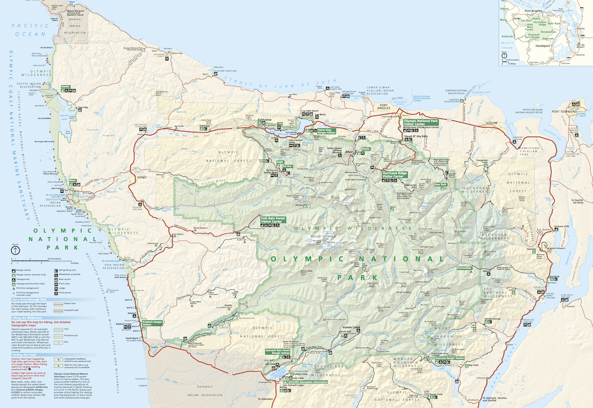 Map of Olympic National Park in Washington, showing park boundaries, roads, trails, campgrounds, rivers, lakes, mountainous areas, and key locations such as Hurricane Ridge, Hoh Rain Forest, and coastlines along the Pacific Ocean.