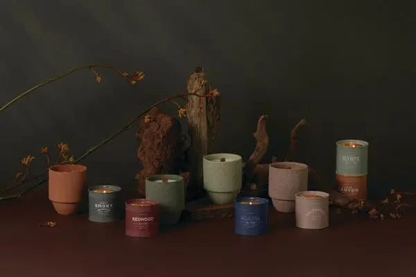 The Olympic - Parks 6 oz Tin Candle is displayed alongside other National Park Candles on a dark surface with dried branches and wood—an ideal gift for outdoor enthusiasts.