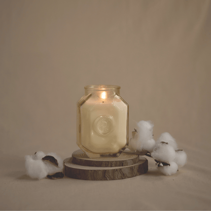 The Cotton + Teak - Botanica 8 oz Candle in a glass jar rests on wooden coasters, surrounded by cotton branches against a beige background, bringing an elegant touch to your home fragrance experience.
