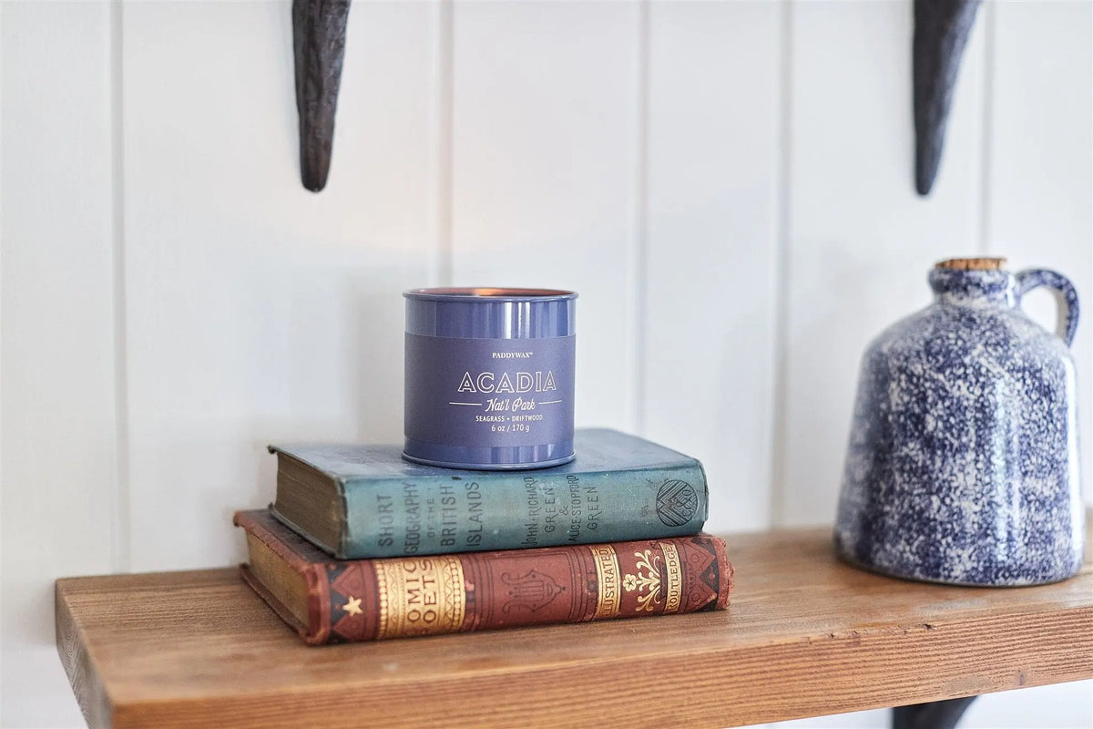 A lit Acadia - Parks 6 oz Tin Candle sits on two stacked vintage books on a wooden shelf next to a blue-speckled jug, all set against a white paneled wall.