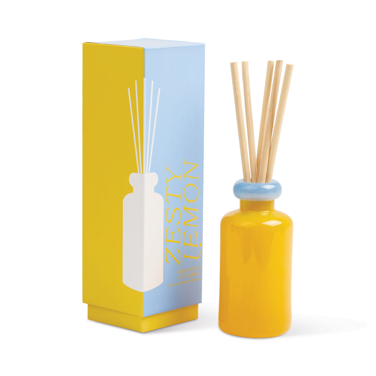 A modern accent, the Zesty Lemon - Stack 3.2 oz Diffuser features a yellow and blue box next to a matching lemon-scented bottle with a blue neck and reed sticks for refreshing home fragrance.
