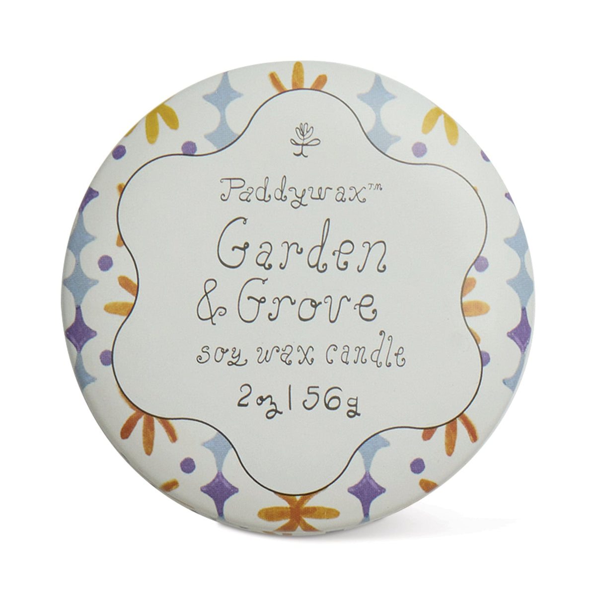 Garden & Grove - Tulip 2 oz Tin Candle in a round tin with a floral-patterned lid, whimsical script, and pastel purple, blue, yellow, and orange accents. Soy wax candle weighs 2 oz (56 g).