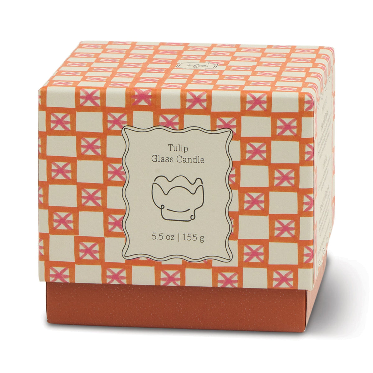 A decorative box with an orange and cream checkered pattern holds the Cactus Flower - Tulip 5.5 oz Candle, labeled “Tulip Glass Candle, 5.5 oz | 155 g” and illustrated with a peach tulip vessel—ideal for home decor or gifting.