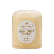 The Worn Leather & Smoke - Vista 5 oz Candle infuses any modern home decor with a luxurious fragrance, presented in a stylish beige glass jar labeled Paddywax Nashville, Tennessee.