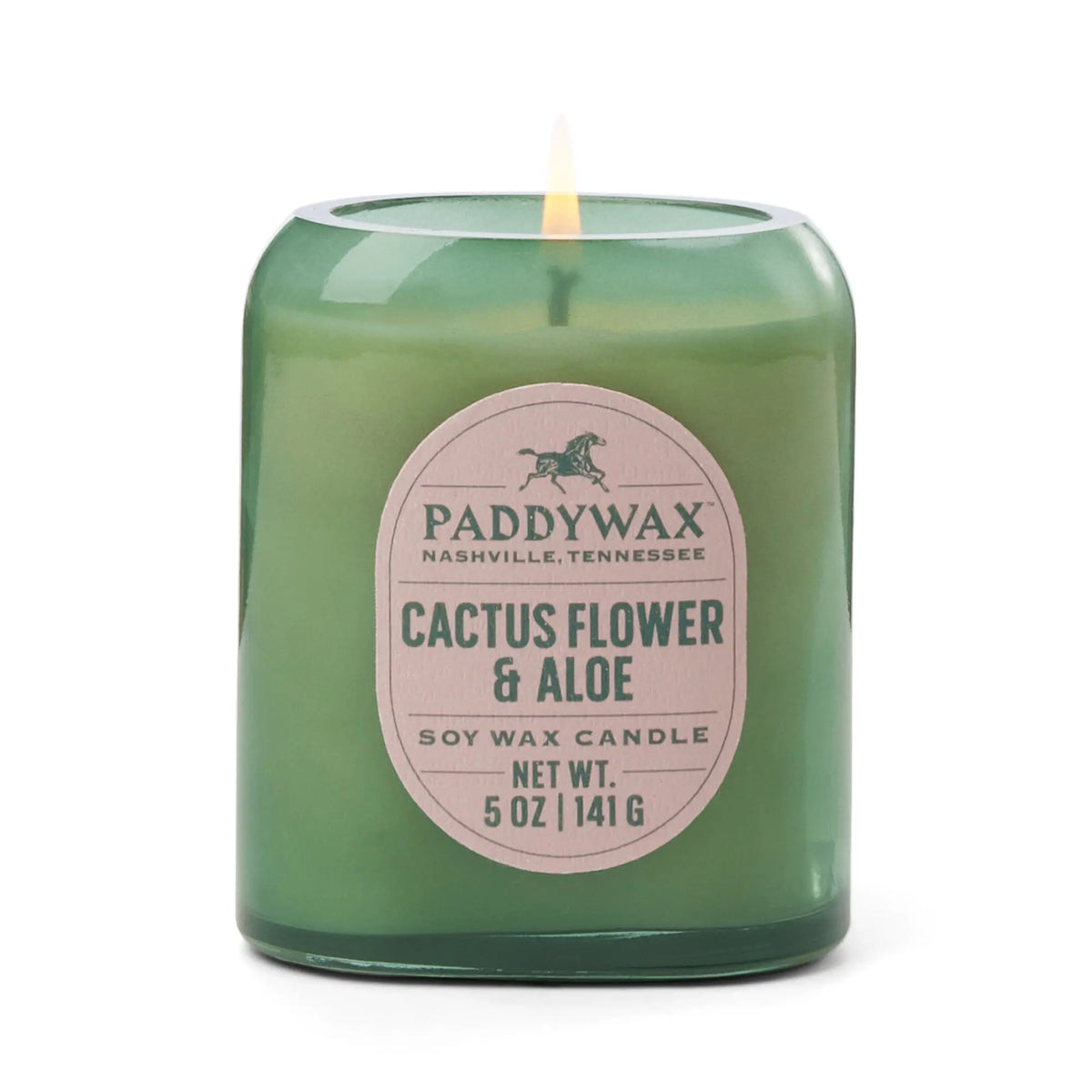 The Cactus Flower & Aloe - Vista 5 oz Candle features a green glass jar and small flame, infusing your space with a luxurious fragrance and stylish modern decor.