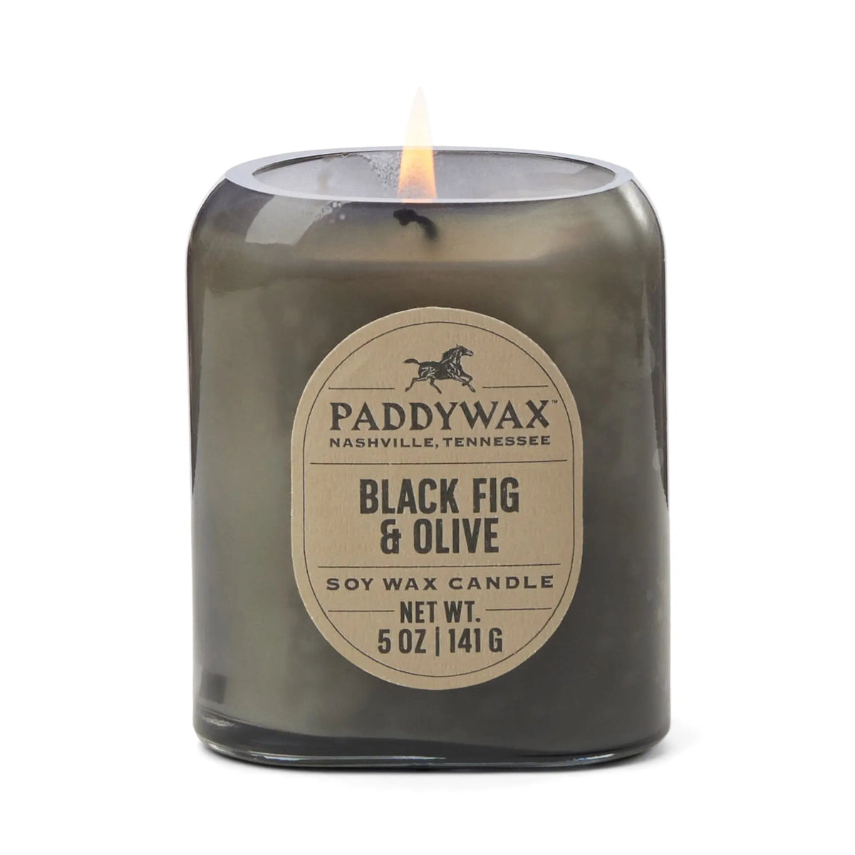 The Black Fig & Olive - Vista 5 oz Candle in a dark glass container fills your space with a luxurious fragrance—perfect for modern home décor.