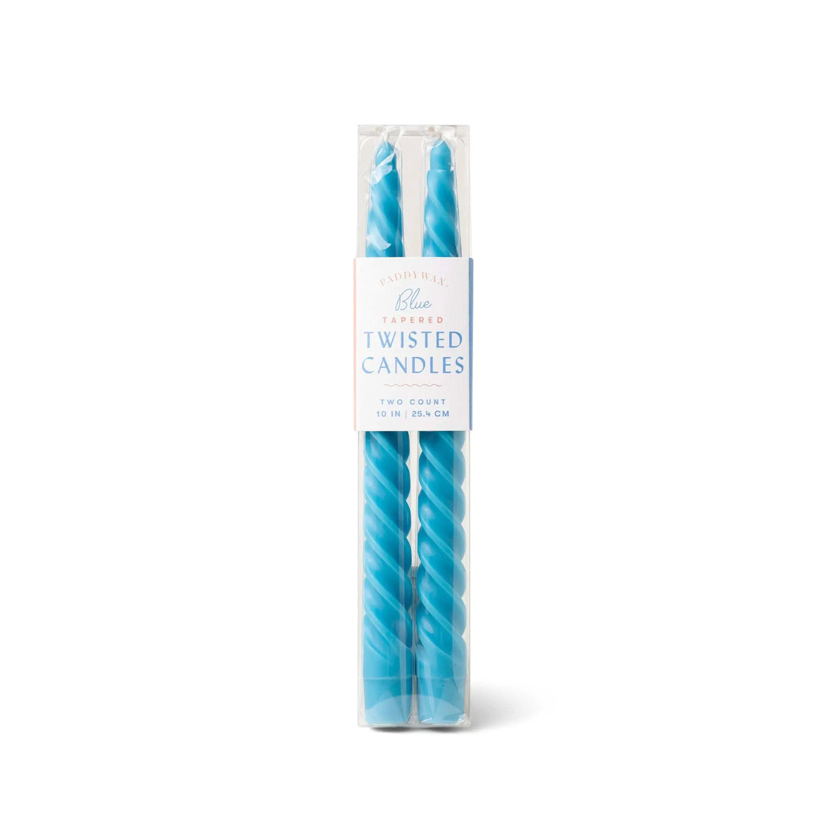 Two Blue Twisted Taper Candles in a clear rectangular box with a white label that reads "Blue Twisted Taper Candles, Two Count, 10 in | 25.4 cm." These unscented, non-drip twisted taper candles are ideal for elegant table settings or creating a cozy atmosphere at home.