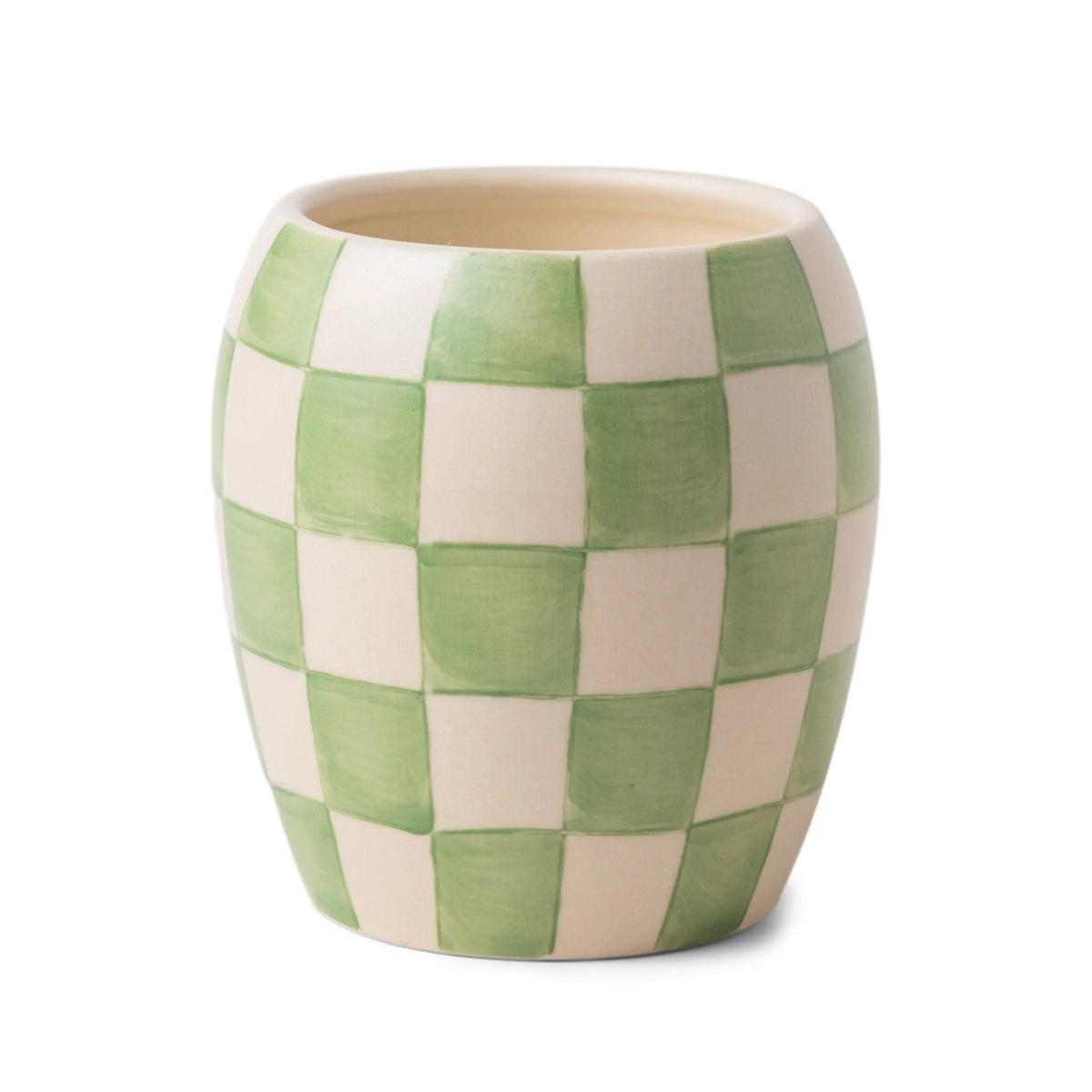 The Checkmate 11 oz Candle – Cactus Flower comes in a ceramic pot with a rounded silhouette, adorned with a hand-painted green and white checkerboard pattern. Its artisanal, slightly uneven finish makes it an eye-catching piece, perfect for those who appreciate unique, reusable decor and handcrafted vessels.