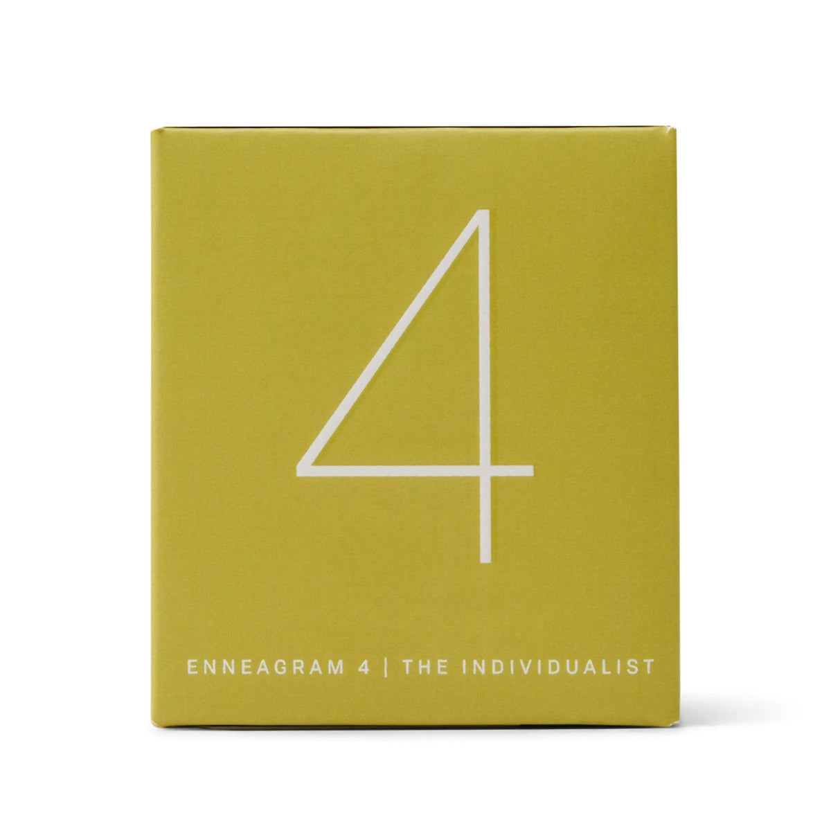 A yellow square box with a large white number 4 and the text “ENNEAGRAM 4 | THE INDIVIDUALIST” at the bottom, designed to hold the Enneagram #4 Individualist 5 oz Candle in Prickly Pear—a perfect fragrance gift set for celebrating individuality.
