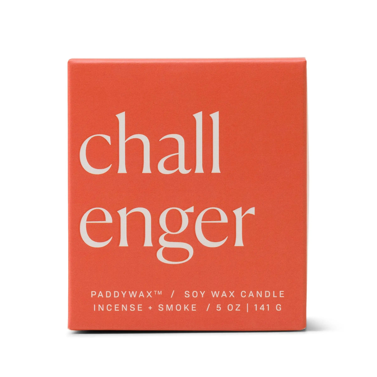 A red candle box with "Challenger" in large white letters. Below, it reads "Paddywax Soy Wax Candle, Incense + Smoke, 5 oz, 141 g" in small white text. This ombre glass candle is part of the Enneagram candles collection—specifically the Enneagram #8 Challenger 5 oz Candle—and features a bold personality fragrance for your space.
