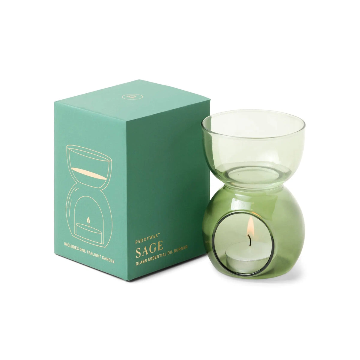 The Sage Green Glass Essential Oil Burner & Tea Light Candle is shown with its matching "Sage" box, featuring a burner illustration—ideal for aromatherapy.