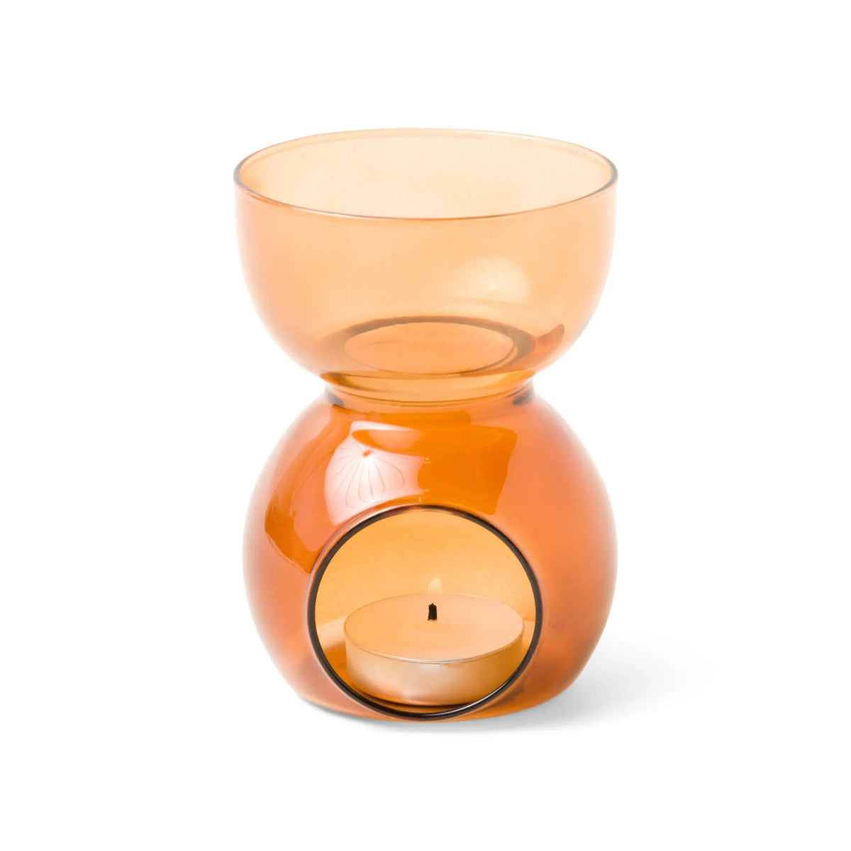 The Amber Glass - Essential Oil Burner & Tea Light Candle features a round-bowl design crafted from amber glass, with space for a tea light candle in the bottom compartment to gently diffuse your chosen essential oils.