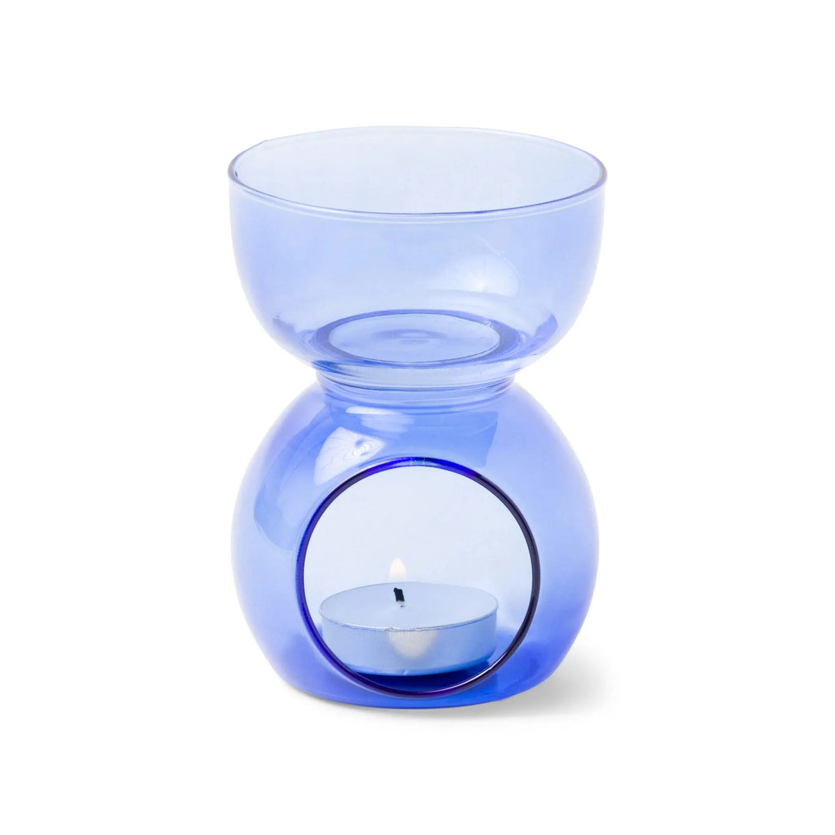 The Cobalt Blue Glass - Essential Oil Burner & Tea Light Candle features a rounded base, open front for a lit tealight, and a wide top bowl—ideal for aromatherapy with your favorite oils or wax melts.