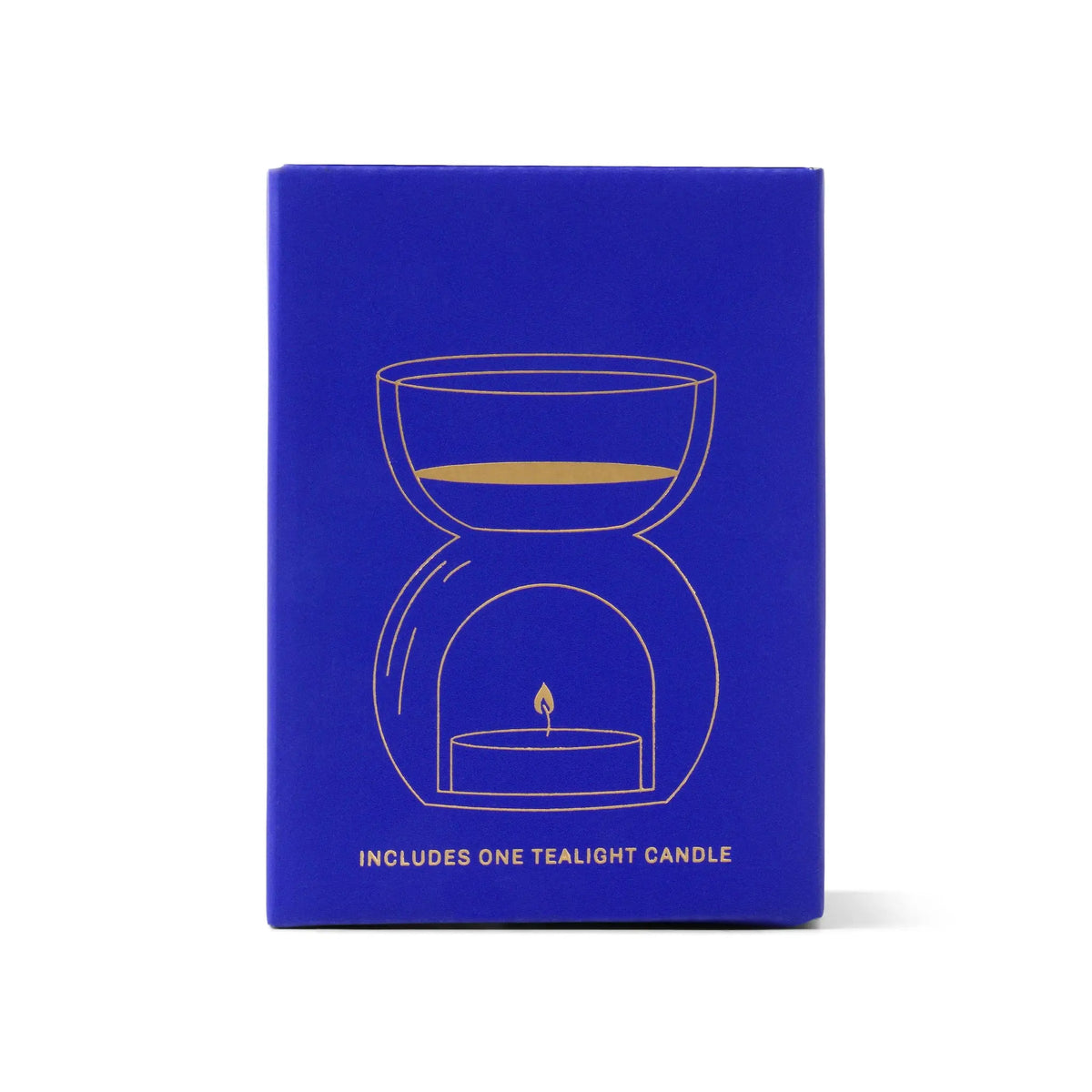 The Cobalt Blue Glass - Essential Oil Burner & Tea Light Candle features a minimalist gold line drawing of an oil burner and comes with one tealight candle included.