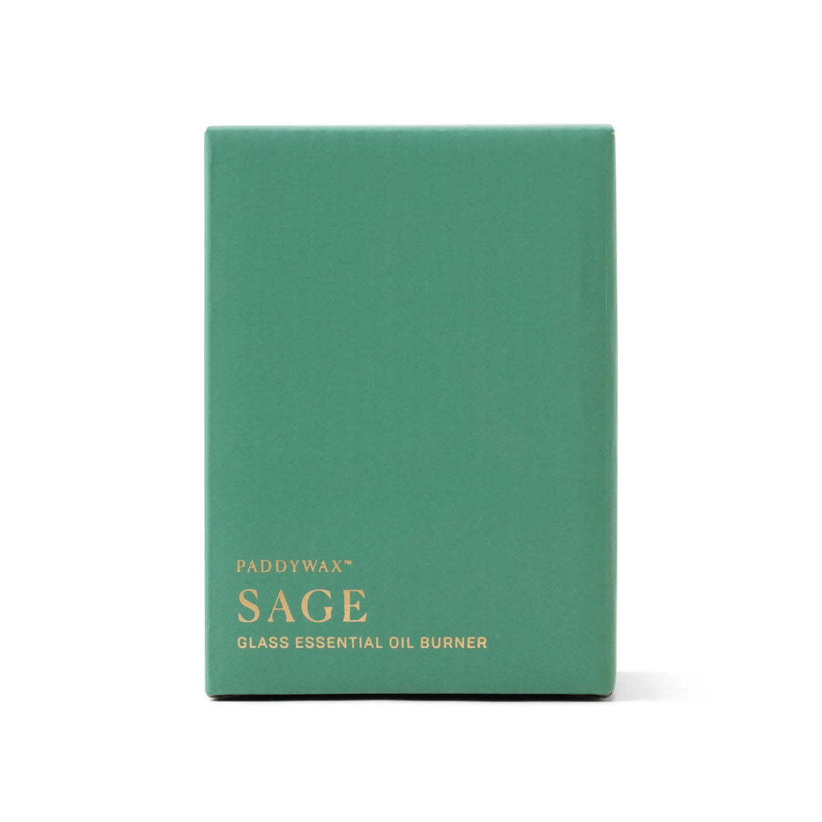 The Sage Green Glass - Essential Oil Burner & Tea Light Candle stands upright in its green rectangular box against a white background—ideal for aromatherapy lovers.