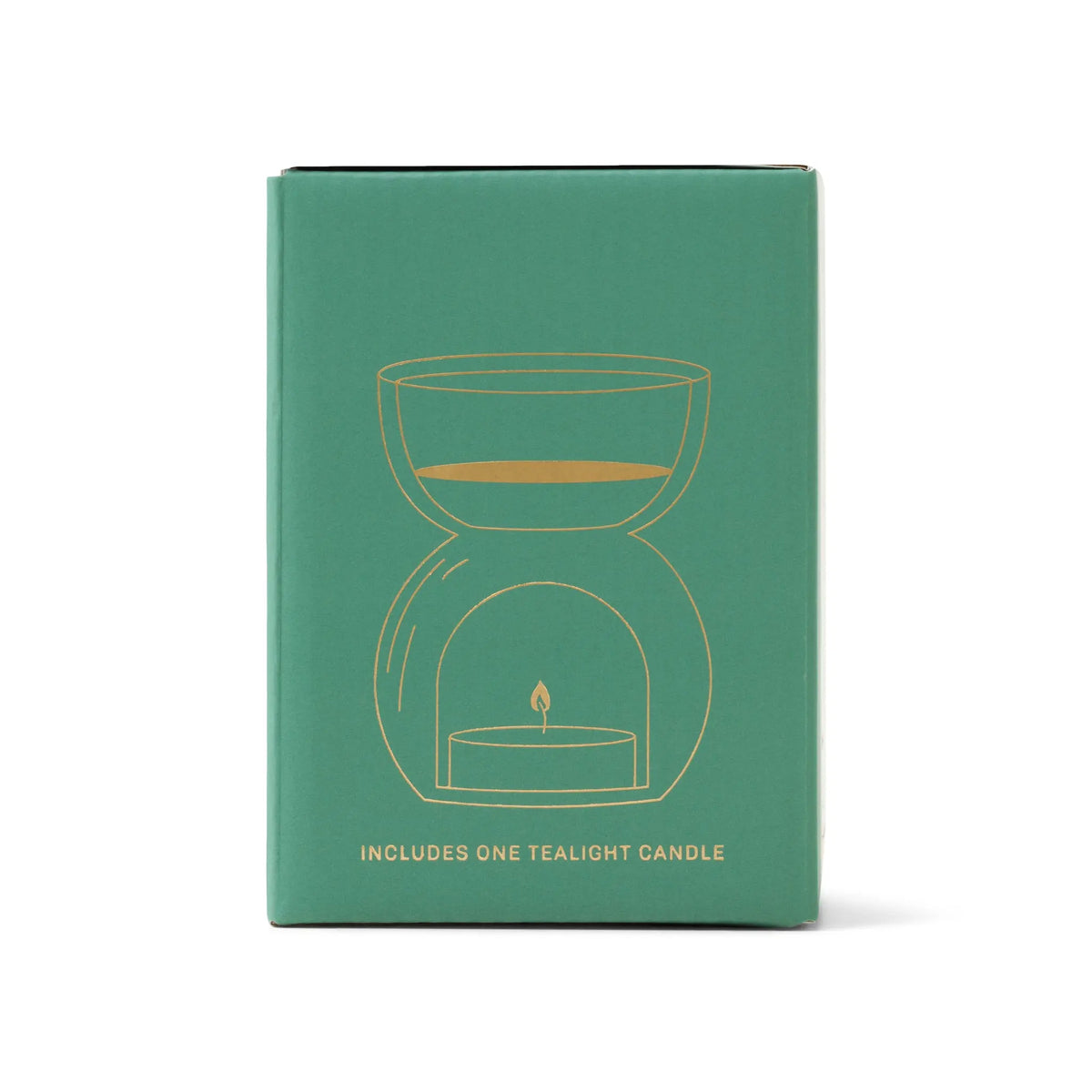 The Sage Green Glass - Essential Oil Burner & Tea Light Candle features a gold line art of an oil burner above a tealight on the box, plus text that says “Includes one tealight candle.”.