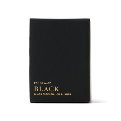 A black glass box with gold text reading "Black Glass - Essential Oil Burner & Tea Light Candle" on the front, photographed against a white background—perfect for storing your essential oil burner and tea light candle.