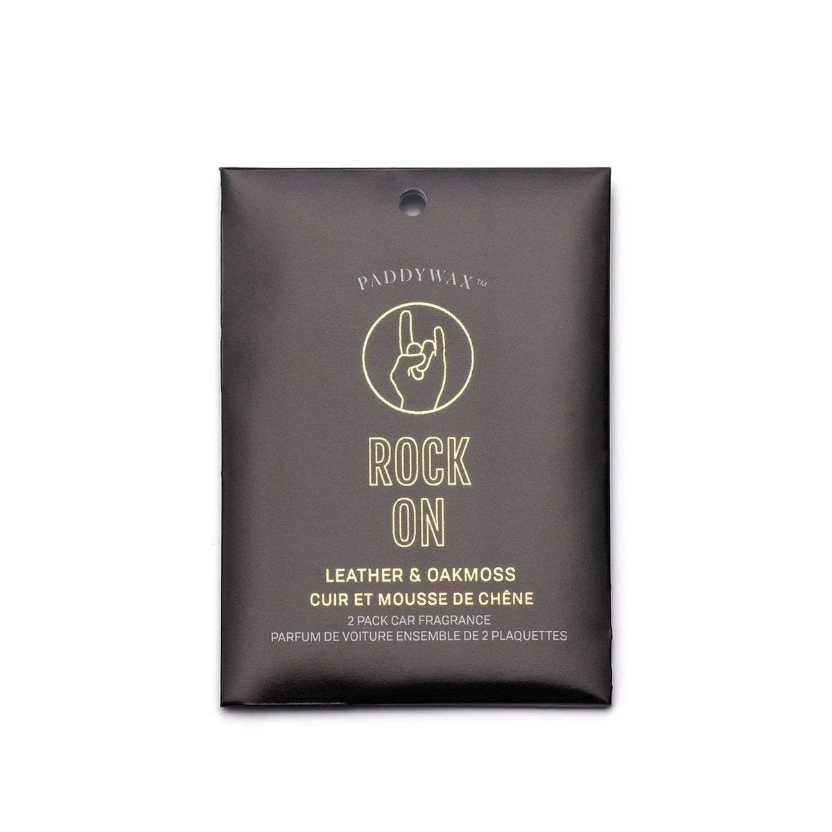 A black packet labeled "Leather + Oakmoss 'Rock On' - Impressions Car Fragrance" features a hand sign illustration and contains a 2-pack of hanging air fresheners for car fragrance.