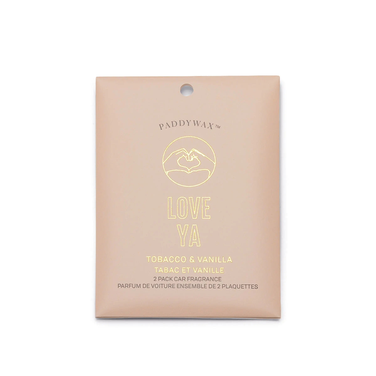 A beige packet of Tobacco + Vanilla "Love Ya" - Impressions Car Fragrance, featuring two scented plaques with notes of tobacco, vanilla, and sandalwood.