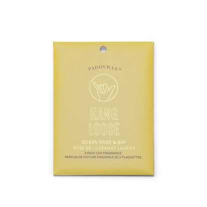 Yellow package of Ocean Rose + Bay "Hang Loose" - Impressions Car Fragrance, 2-pack, features hand sign art and bilingual details—a stylish air freshener for your car.