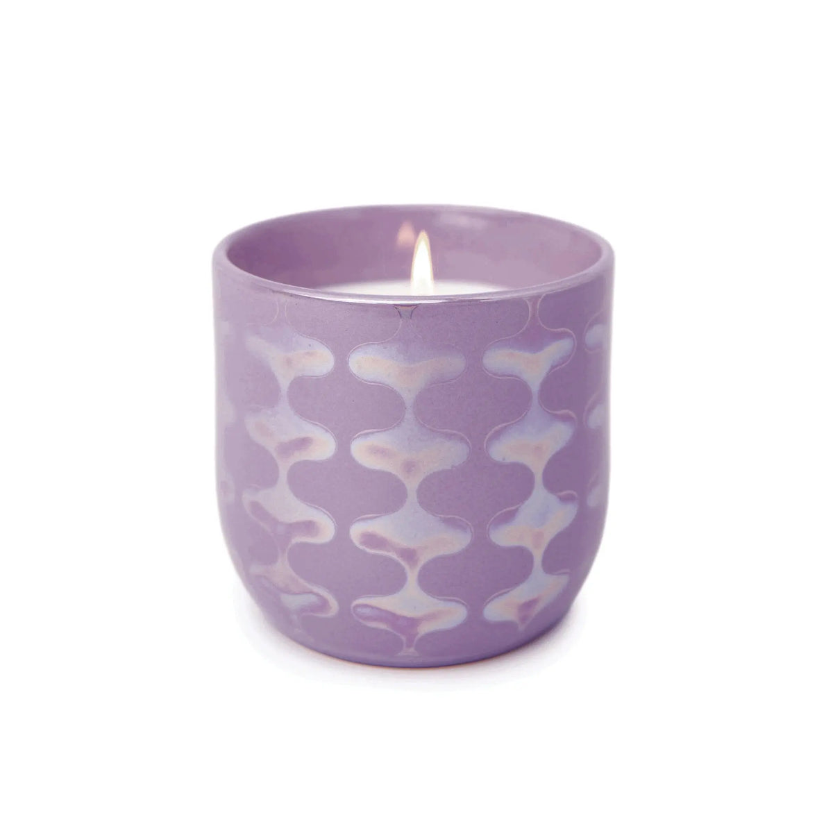 The Lavender & Fern - Lustre Candle 10 oz comes in a purple ceramic container with a wavy, iridescent pattern, bringing elegance and charm to any space.