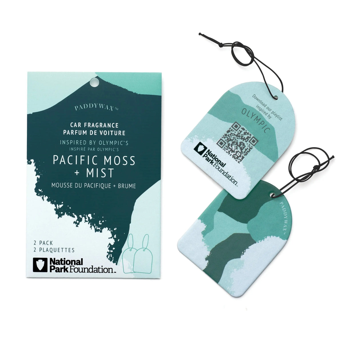 A close-up of the Olympic - Parks Car Fragrance tag, inspired by the fresh scents of Olympic National Park.