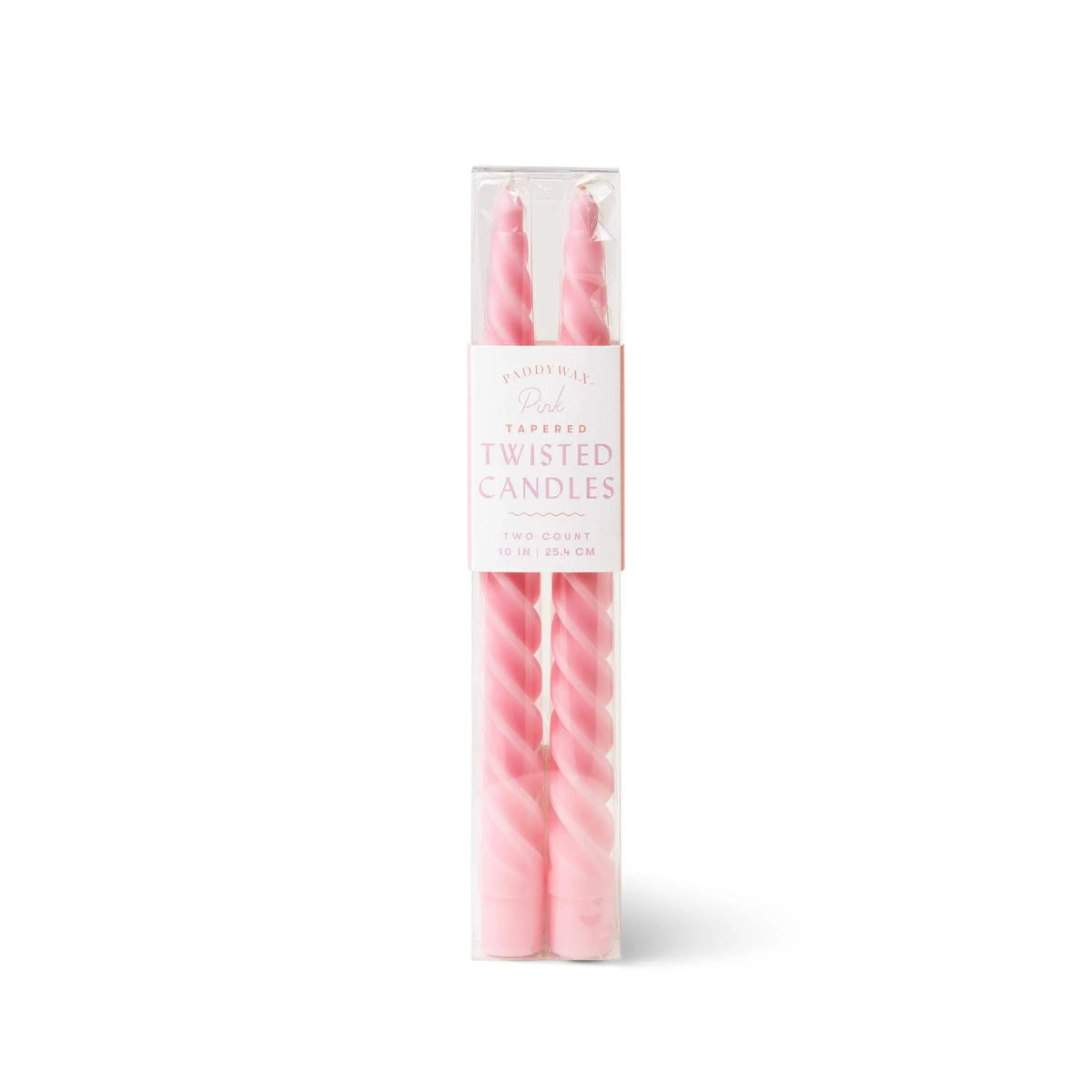 Two Pink Twisted Taper Candles are presented in a clear plastic box featuring a white label with pink and gold text that reads "Pink Twisted Taper Candles, Two Count, 10 in, 25.4 cm." These elegant unscented candles are crafted to be non-drip for a clean burn and add a stylish touch to any setting.