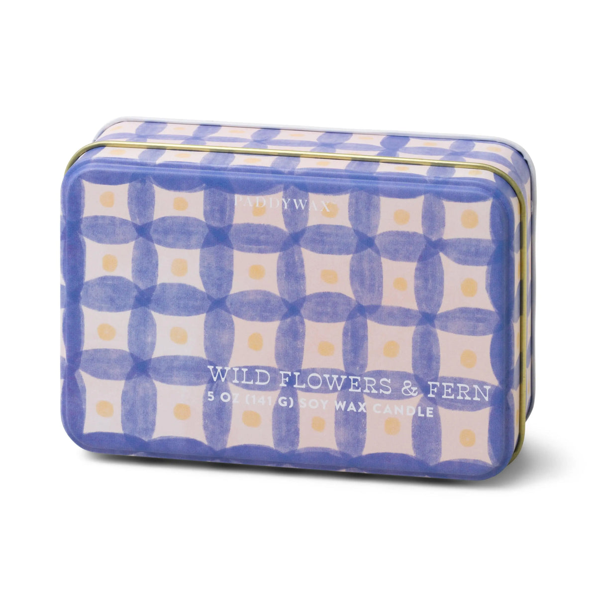 The Wild Flowers & Fern - 5 oz Tin Candle comes in a rectangular tin with a blue and cream geometric design, filling your space with the fresh scent of wild flowers and fern.