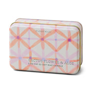 Cactus Flower & Aloe - 5 oz Tin Candle: A rectangular tin candle with a pink and orange geometric floral pattern, offering a fresh floral scent.