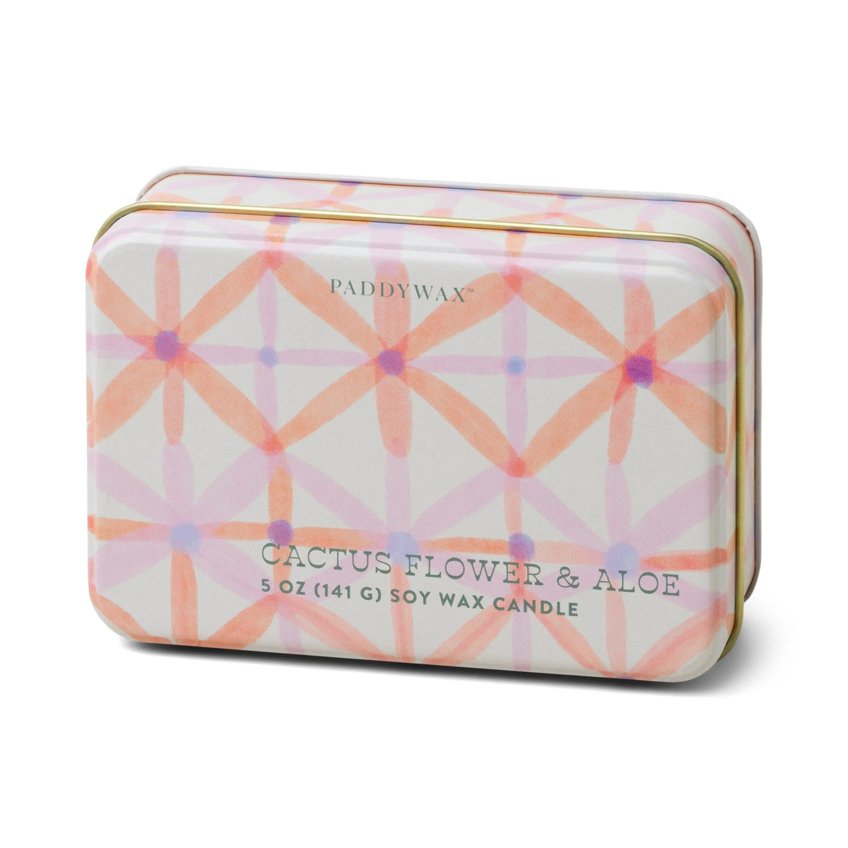Cactus Flower & Aloe - 5 oz Tin Candle: A rectangular tin candle with a pink and orange geometric floral pattern, offering a fresh floral scent.