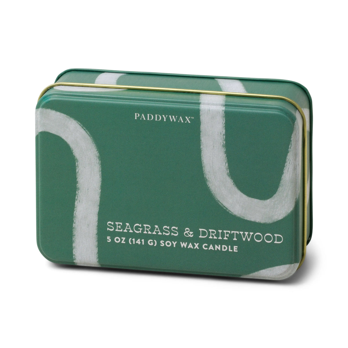A green rectangular tin candle, Seagrass & Driftwood - 5 oz Tin Candle, with soy wax and white abstract designs.